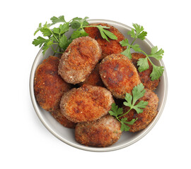 Tasty meat patties with parsley isolated on white, top view
