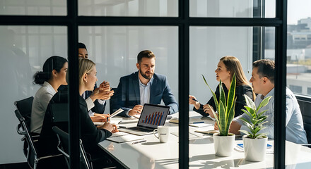 Diverse team collaborating in a modern office meeting room discussing business strategy