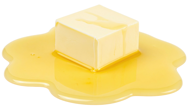 A yellowish cube sits atop a spreading puddle of syrupy liquid, creating a sticky, sweet, and visually intriguing food scene