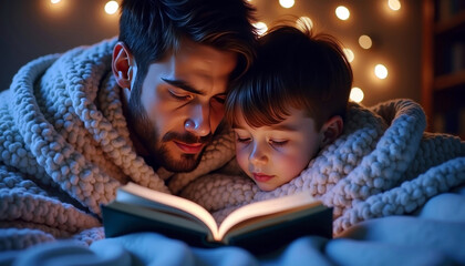 Father and child reading under cozy blanket with warm lights for family bonding moments