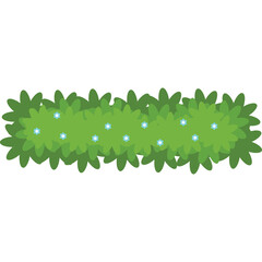 A long green bush with small blue flowers on a transparent background depicting a hedge row for landscaping or game design