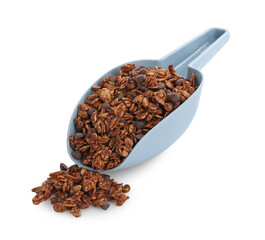Delicious granola with chocolate chips in scoop isolated on white