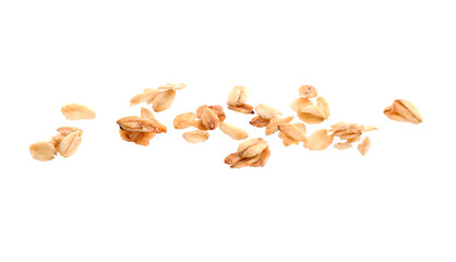 Delicious granola in air against white background