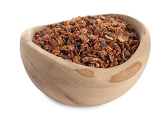 Delicious granola with chocolate chips in bowl isolated on white