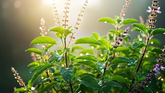 Sacred Tulsi Plant An Ayurvedic Herb with Medicinal Properties and Religious Significance in Hinduism, close up shot