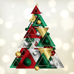 Abstract Geometric Christmas Tree with Baubles, Modern Holiday Design