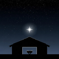 Nativity Scene Silhouette with Star of Bethlehem, Christmas Night Background