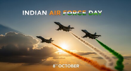 Indian air force day celebration with fighter jets flying in formation at sunset, leaving colorful smoke trails