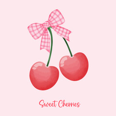 Red coquette cherries with pink ribbon bow, aesthetic watercolor hand drawing Retro Coquette Seamless Pattern Playful Red Cherries with Pink bow Minimal isolated on background