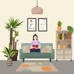 Woman reading book at home. Cozy living room interior with houseplant and bookshelf. Relaxation and tranquil atmosphere of quiet leisure. Vector illustration