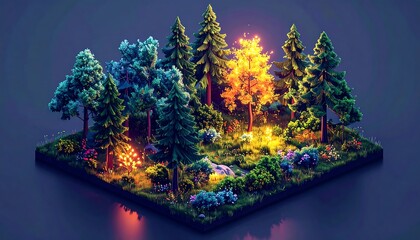 Isometric forest scene on a square tile with illuminated trees and foliage, rendered in a soft, dreamlike style