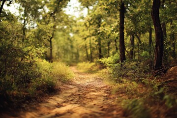 Obraz premium Woodland Path Leading Through Forest Landscape with Brown Leaves and Green Foliage under Sunlight