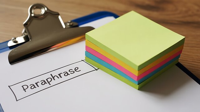 Clipboard with the word paraphrase written on it and a stack of colorful sticky notes