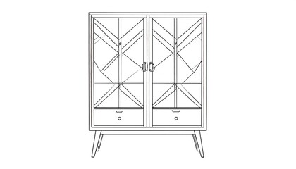 Line art of a cabinet with two doors, decorative glass, two drawers, on four legs, on white background