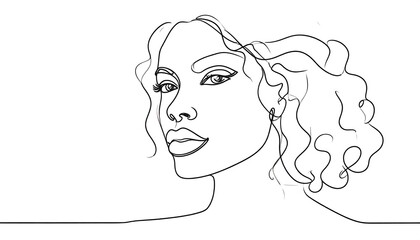 Line drawing of a woman's face with curly hair, looking over her shoulder against a white background