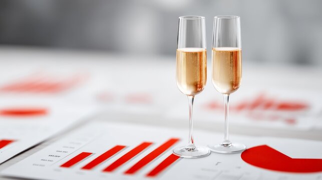 Year-End Business Planning and Financial Review, Two champagne flutes on a financial report with red graphs and charts in the background. - Powered by Adobe