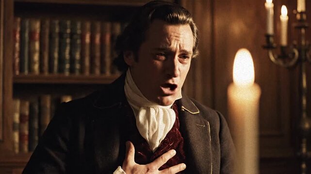 Man in Period Costume Reacts With Surprise in Old Library Setting