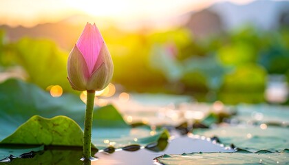 Lotus bud emerging from water, soft light on petals, green leaves and bokeh background