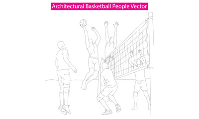 Architectural Sports People Vector set showing football, basketball, and tennis players in outline style. Perfect for architectural drawings, sports concept designs, and planning illustrations.