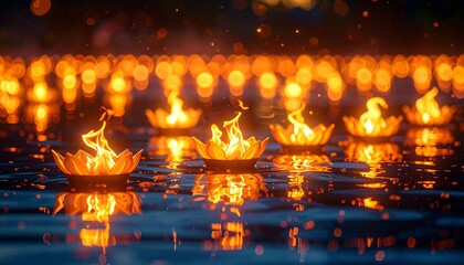 Lotus-shaped candles adrift on a water surface, reflections dancing, bokeh in the distance. Soft glow and warm tones prevail