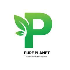 Green letter p logo with leaf elements and pure planet text