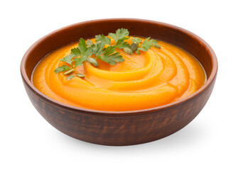 Tasty pumpkin cream soup with parsley and seeds in bowl isolated on white