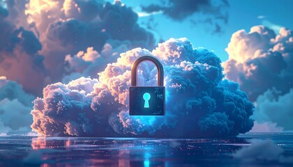 Luminous padlock sits atop a fluffy cloud formation, reflected in a shiny, reflective surface, set against a blue sky
