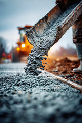 Pouring fresh concrete on a construction site at sunset with heavy machinery in the background