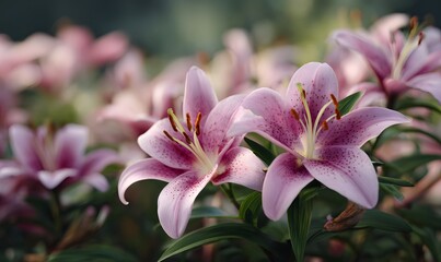 A field of soft pink lilies