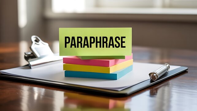 Paraphrase text concept on sticky note on clipboard with pen and papers