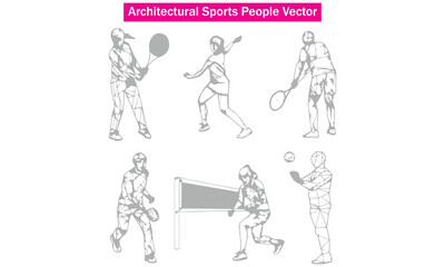 Architectural Sports People Vector set showing football, basketball, and tennis players in outline style. Perfect for architectural drawings, sports concept designs, and planning illustrations.