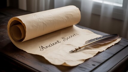 An ancient scroll with handwritten text, a quill pen, and a rolledup parchment on a wooden table