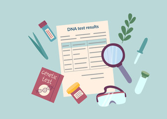 Flat vector illustration of a genetic test result surrounded by laboratory elements. Concept of DNA testing, ancestry, genetic analysis and biotechnology. Vector flat background. © Julia Anisimova