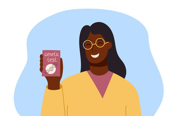Vector flat illustration of female person holding genetic test box. Concept of genetic research, ancestry testing, personalized medicine and modern biotechnology. 