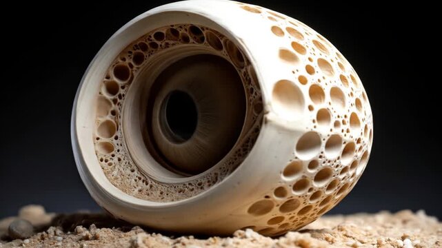 Ornate eye-shaped object rests on sand