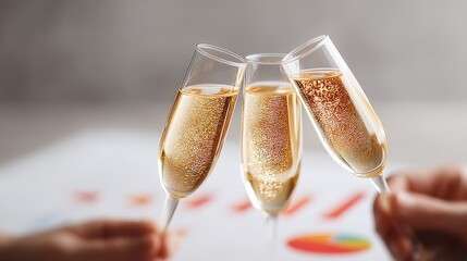 Year-End Business Planning and Financial Review, Three champagne flutes clinking in celebration against a soft background.