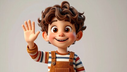 Animated boy waving cheerfully, curly brown hair, neutral background