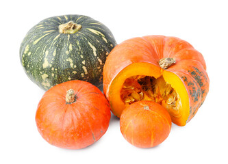 Many fresh pumpkins isolated on white. Gourd vegetables