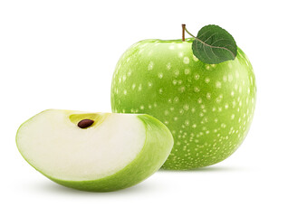 Green apple with leaf and slice