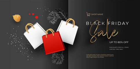 Abstract background of Black Friday sales with shopping bags and decorative natural hand drawn elements