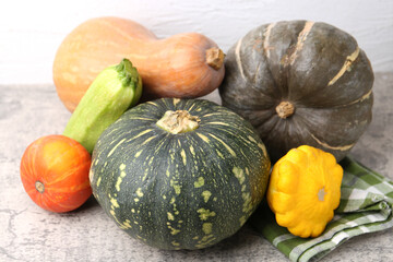 Many fresh pumpkins and other vegetables of gourd family on light grey textured table, closeup