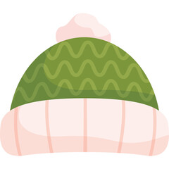 Green knitted winter beanie hat with pink fuzzy pompom and trim detailed knit pattern soft textures cozy accessory for cold weather protection on transparent background