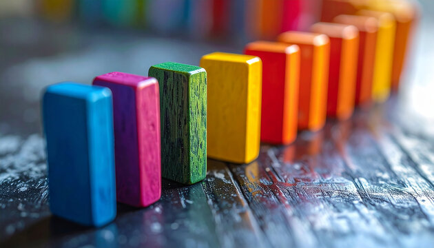 Colorful dominoes. Market trends, chain reactions, dynamics and economic flow, modern business