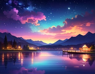 Scenic illustration of a serene lake and mountains at sunset