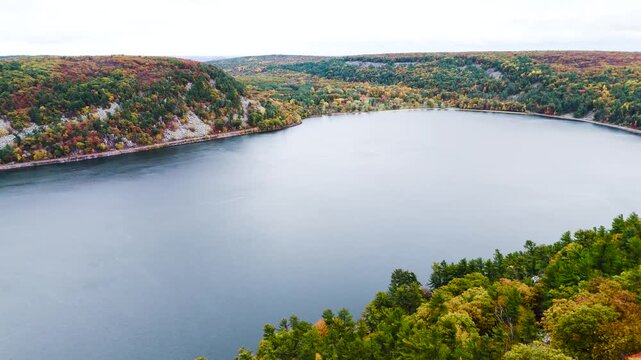 High Aerial Orbit Of Beautiful Devil's Lake State Park In Autumn 