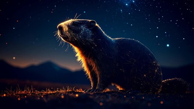 A groundhog at night, lit by golden light, with a network effect