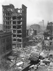 destroyed houses after the earthquake.