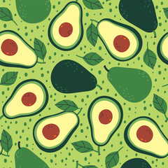 Seamless pattern with avocado and halves. Vector graphics.