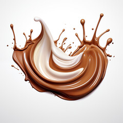 Milk chocolate splash isolated on white background. Sweet explosion for product, cocoa drink, ai