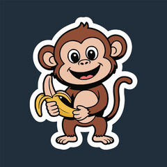 A cartoon monkey with brown fur holding a yellow banana and smiling on a dark blue background sticker